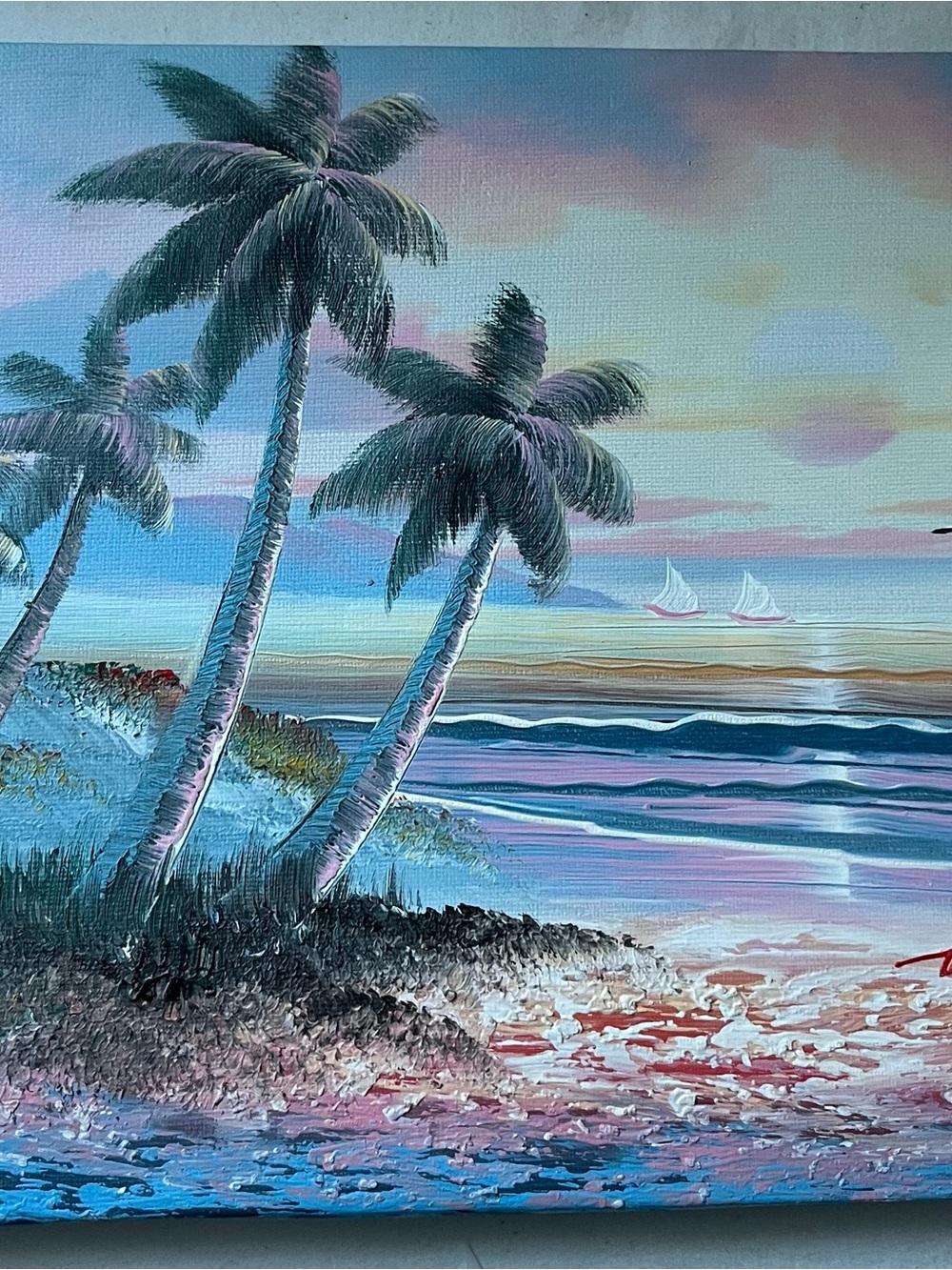 Vintage Oil Painting Tropical Beach Palm Trees Seascape Signed Taylor 8" x 10"